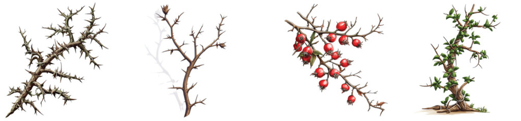 Unique branches showcasing diverse textures and berries, on the Transparent background, PNG Format