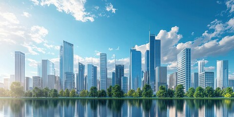 Obraz premium A stunning city skyline reflecting on the water, surrounded by greenery under a bright blue sky filled with fluffy clouds.