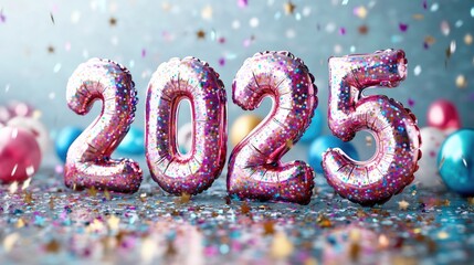 Colorful 2025 Balloons with Party Decorations and Glitter Confetti
