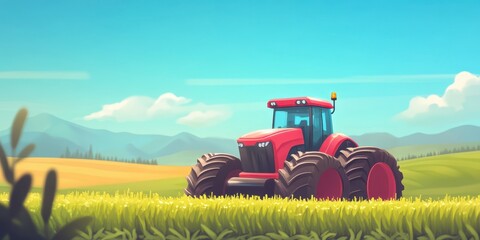 Fototapeta premium A vibrant red tractor parked in a lush green field, surrounded by rolling hills and a clear blue sky.