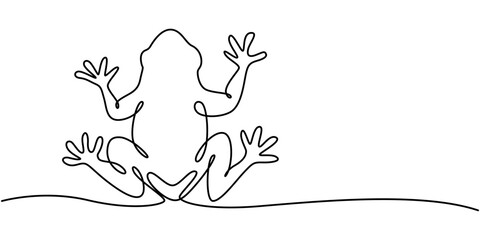 One continuous line drawing of funny frog for kids toy logo identity. Reptile animal icon concept. Trendy single line draw graphic design vector illustration, Continuous one curve line drawing of fun
