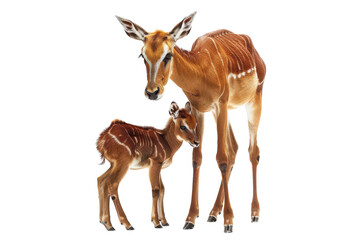 Obraz premium A mother and baby kudu standing gracefully together against a white backdrop in a serene setting on transparent background