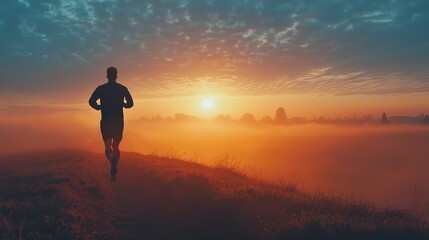 Obraz premium Man Running Alone at Dawn Through a Misty Field, Surrounded by a Glowing Sunrise