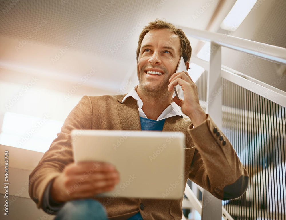 Poster man, tablet and phone call with smile, notes and discussion for connection at digital agency as art 