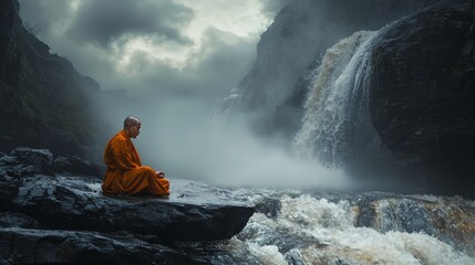 Monk Meditating on Rocks by the River, Surrounded by Mist and Waterfalls in a Serene Natural Setting
