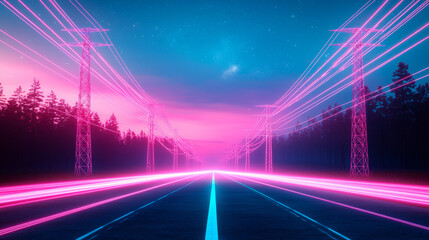 Obraz premium A long, empty road cuts through a forest at night, glowing with pink and blue lights.