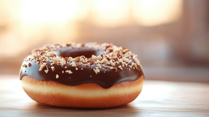 A single donut in focus with chocolate glaze and crushed nuts, isolated against a blurred colorful background.