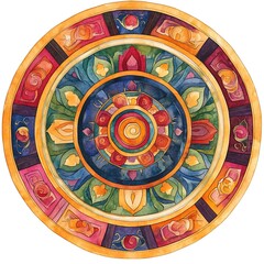 Naklejka premium Watercolor Mandala with Colorful Floral Motifs and Geometric Shapes.