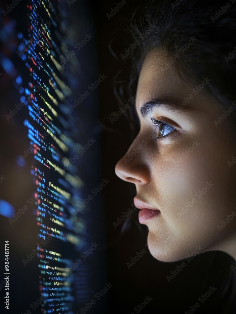 Poster this ai cyber security concept shows a female computer specialist analyzing stock digital threats to
