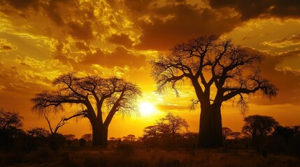 A stunning sunset over the Avenue of the Baobabs, with the silhouettes of ancient trees standing tall against a golden sky.