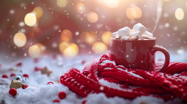 Red cup of hot chocolate with marshmallows