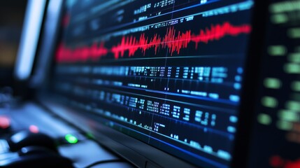 Fototapeta premium This image shows a closeup of a seismograph displaying realtime earthquake data, with vivid red and blue wave patterns for enhanced clarity and detail for analysis and understanding