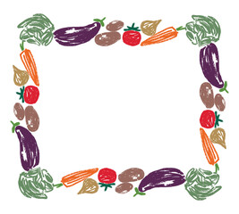 Frame of sketches various ripe vegetables, cucumber; carrots; potatoes; zucchini; cabbage; eggplant; onion, tomatoes, vector decorative border, hand drawn decor greeting card