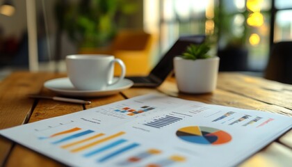 A work desk featuring a coffee cup, a small plant, and a report with charts and graphs, set in a bright and inspirational environment.
