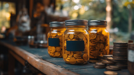 Gold Coins in Glass Jars on Wooden Table