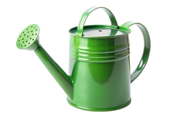 Green metal watering can with spout isolated on transparent background