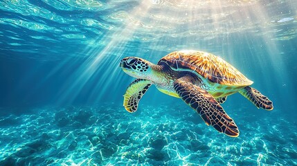 Obraz premium A turtle swimming in the sun-drenched ocean, its head poking above the water surface