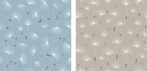 Seamless patterns of drawn dandelions seeds flying, background, wallpaper, paper, textile, vector illustration