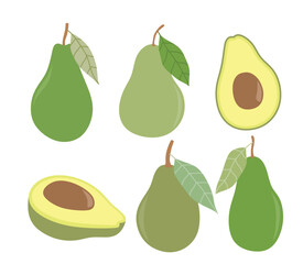 Avocado fruit vector set cute cartoon style. isolated on white background.