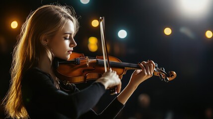 Fototapeta premium Young woman playing the violin on stage during a performance, female violinist musician performing on the stage