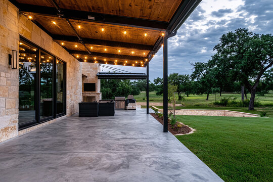 outdoor patio with stamped concrete floor, string lights overhead