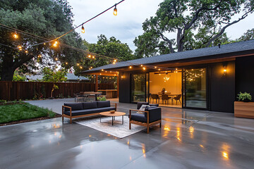 outdoor patio with stamped concrete floor, string lights overhead