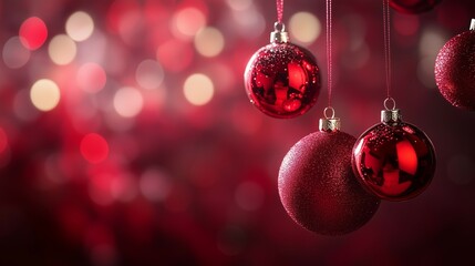 Fototapeta premium Merry Christmas and Happy New Year greeting card or web banner. Modern beautiful Xmas design with red Christmas ornaments hanging, copy space for text, festive holiday lights and bokeh background.