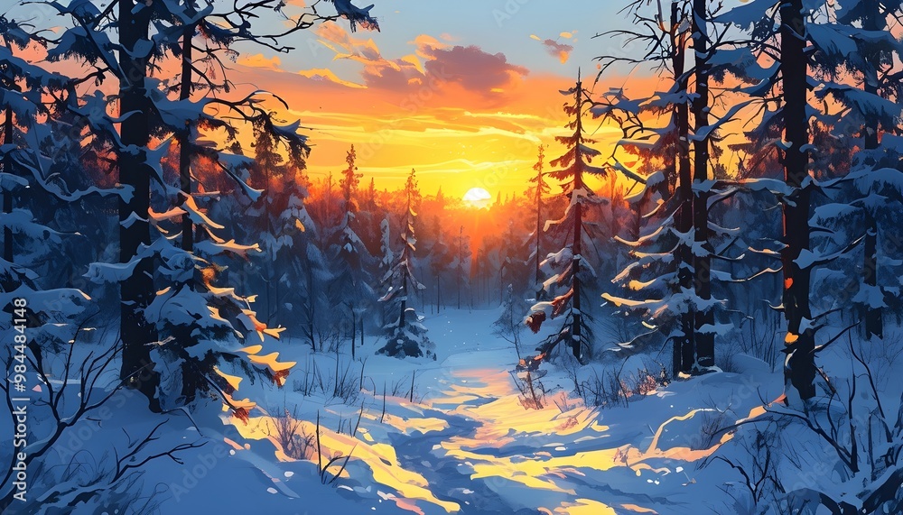 Wall mural Serene winter forest enveloped in snow under a breathtaking sunset