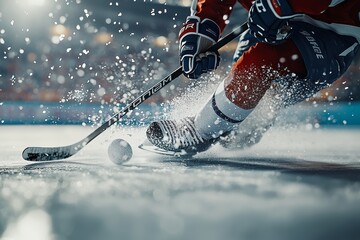 Close-up Action Shot of a Hockey Player Skating on Ice, Kicking Up Snow with Stick in Motion During an Intense Game