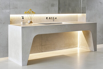 modern bathroom featuring concrete sink and floor, soft backlighting