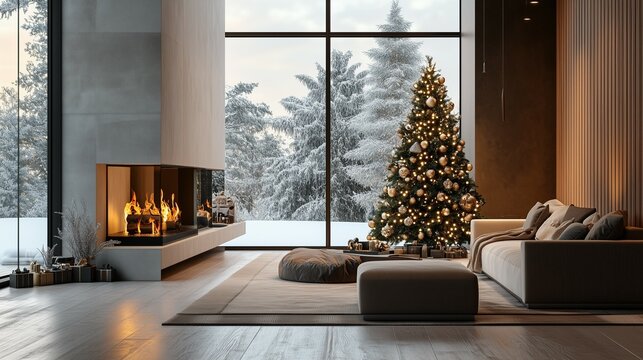 Elegant modern living room with a decorated Christmas tree, large windows, and a cozy fireplace overlooking a snowy landscape - Powered by Adobe