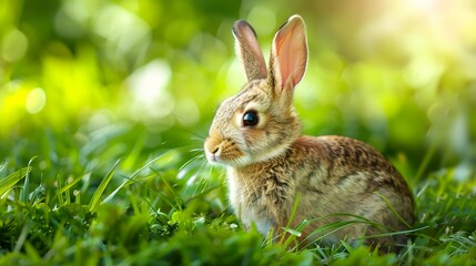 Fototapeta premium Charming Little Bunny in Grass with Ears Perked Up and Gazing Away