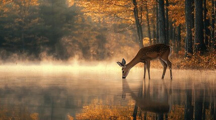   A deer sips water from a pond surrounded by dense forest, with trees shrouded in mist