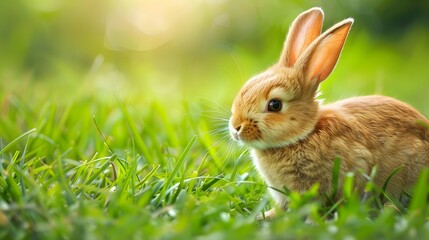 Fototapeta premium Charming Little Bunny in Grass with Ears Perked Up and Gazing Away