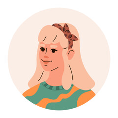Head portrait of young blond woman in sweater and hair accessory. Avatar of girl for social networks. Vector flat illustration.