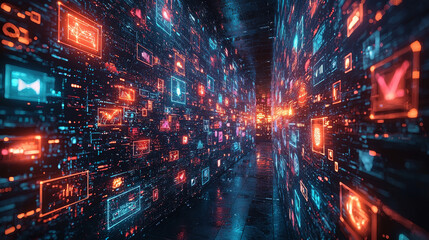 A digital hallway with glowing symbols and data.