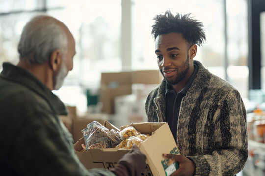 Young adult volunteer is giving a box of food to a senior man in need at a food bank