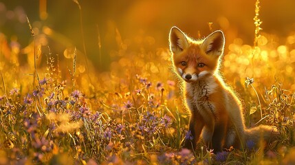 Fototapeta premium Fox in wildflower field under sun