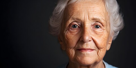 A close-up portrait of an elderly woman with white hair and a warm smile, capturing wisdom and grace against a dark background.