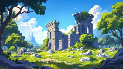 2D video game background. Game level - clearing, abandoned stone building. Daytime vector cartoon landscape. fortnite video game style.
