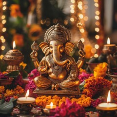 Fototapeta premium Golden Ganesha Surrounded by Festive Lights and Flowers generative ai