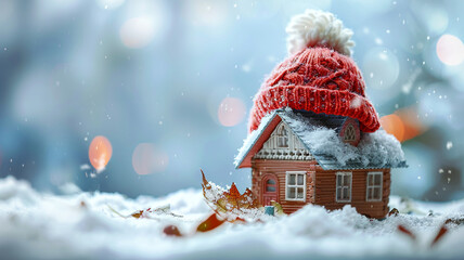 house in winter heating system concept and cold snowy weather with model of a house wearing a knitted cap
