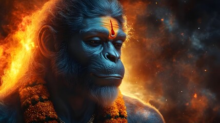 Lord Hanuman Calm Look | Cosmic Orange and Black Background Epic Wallpaper | Bajarangbali Hindu God Art