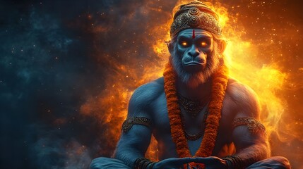 Lord Hanuman Fierce Look with Glowing Eyes | Cosmic Orange and Black Background Epic Wallpaper | Bajarangbali Hindu God Art