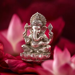 Fototapeta premium Luxurious Product Photography of Silver Ganesha, Celebratory Pink Lotus Accent generative ai