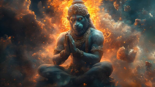Lord Hanuman Calm Look | Cosmic Orange and Black Background Epic Wallpaper | Bajarangbali Hindu God Art