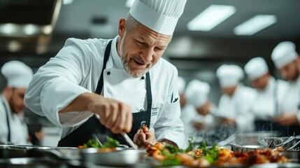Chef plating dishes in a busy kitchen with multiple cooks preparing food.