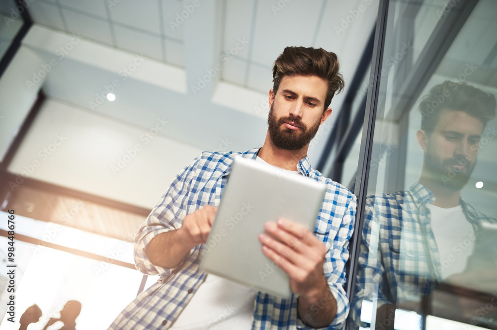 Poster office, businessman and browse with tablet for software, company page and productivity with technolo