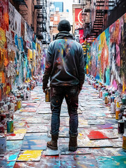 Obraz premium An artist and vibrant street art alley showcasing graffiti and creativity, perfect for promoting art festivals or youth cultural events.