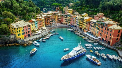 Fototapeta premium Aerial view of the picturesque harbor of Portofino, with brightly colored buildings lining the waterfront and yachts docked in the marina.